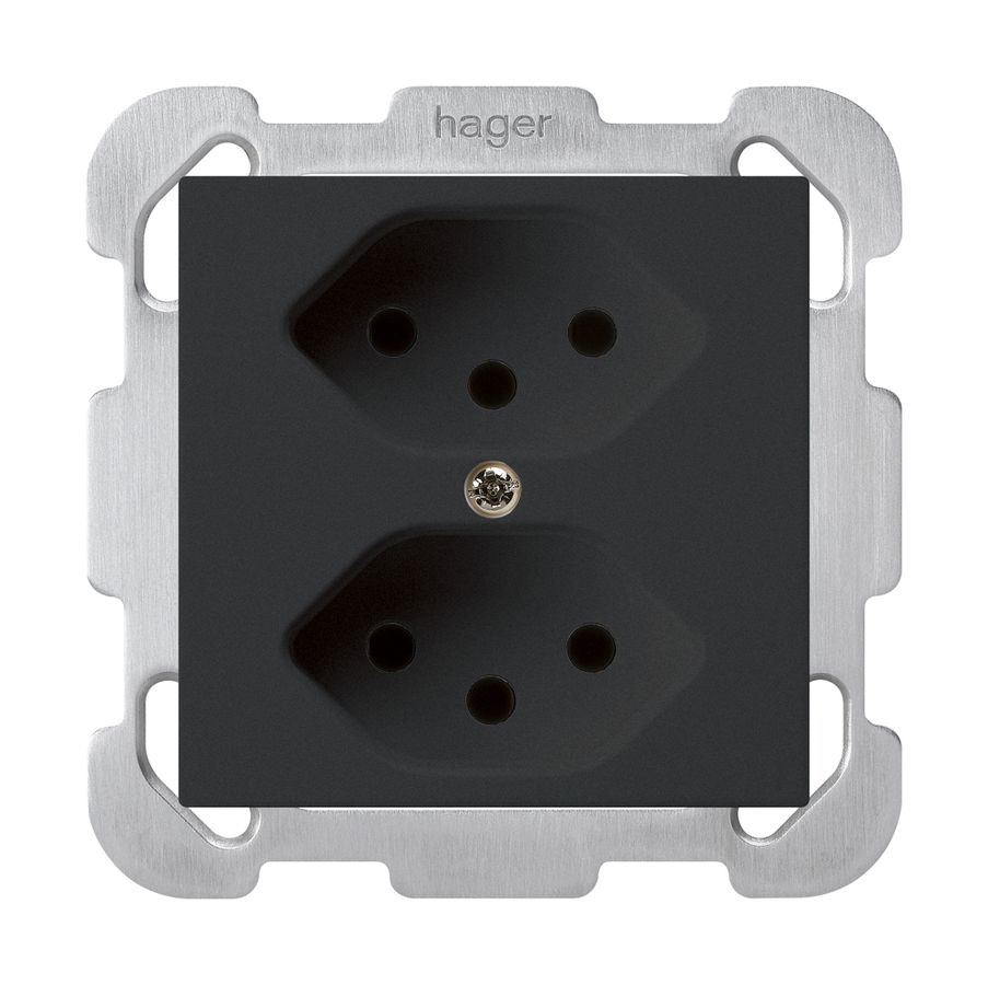 UP-Steckdose kallysto 2×T13 schwarz mit Kinderschutz mit Befestigungsplatte