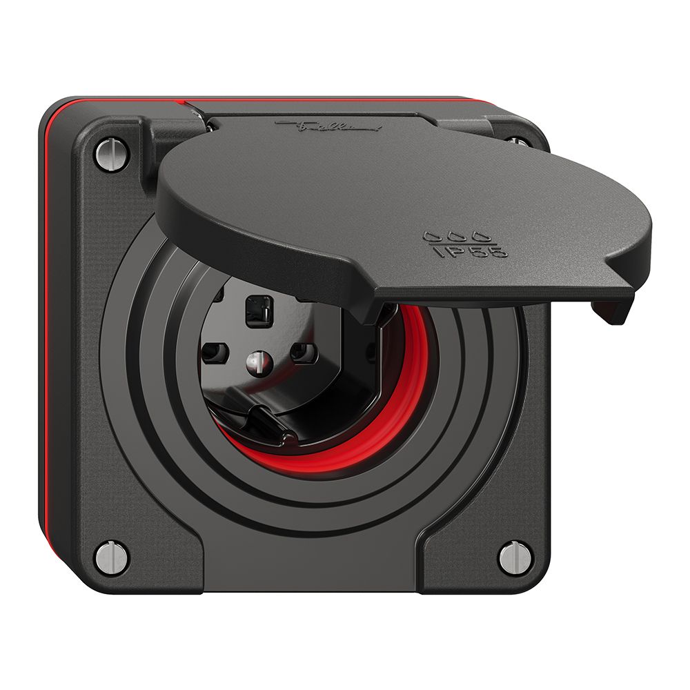 NUP-Steckdose NEVO, 1×T25, IP55 gemäss SN 441011, m.roter Dichtung, schwarz