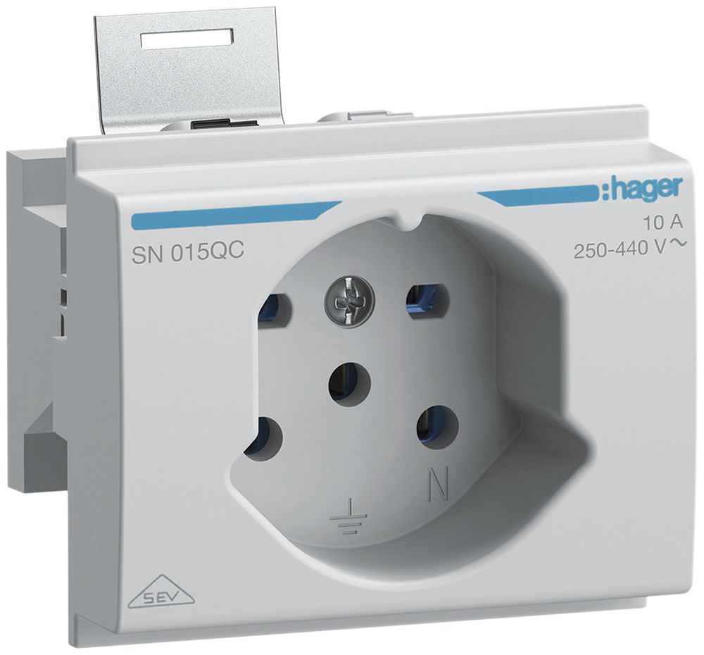 EB-Steckdose Hager Typ 15 für DIN-Montage mit Steckklemmen grau