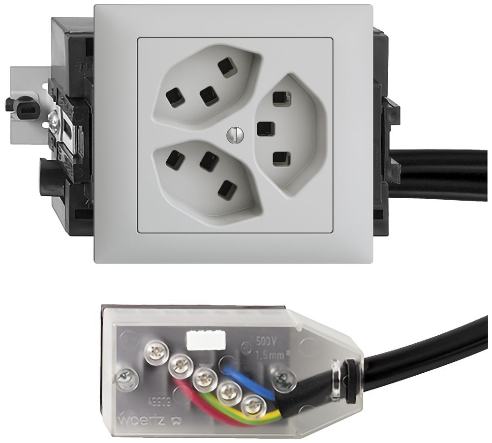 EB-Steckdose 3×T23 16A hellgrau 53mm L1 EDIZIOdue für Technofil
