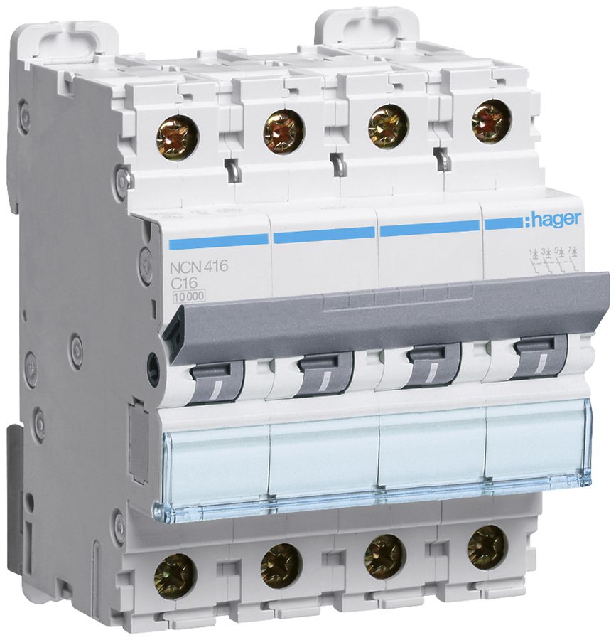 Leitungsschutzschalter Hager MCB 4P 415V Typ C 16A Icn 10kA Icu 15 kA 4TE