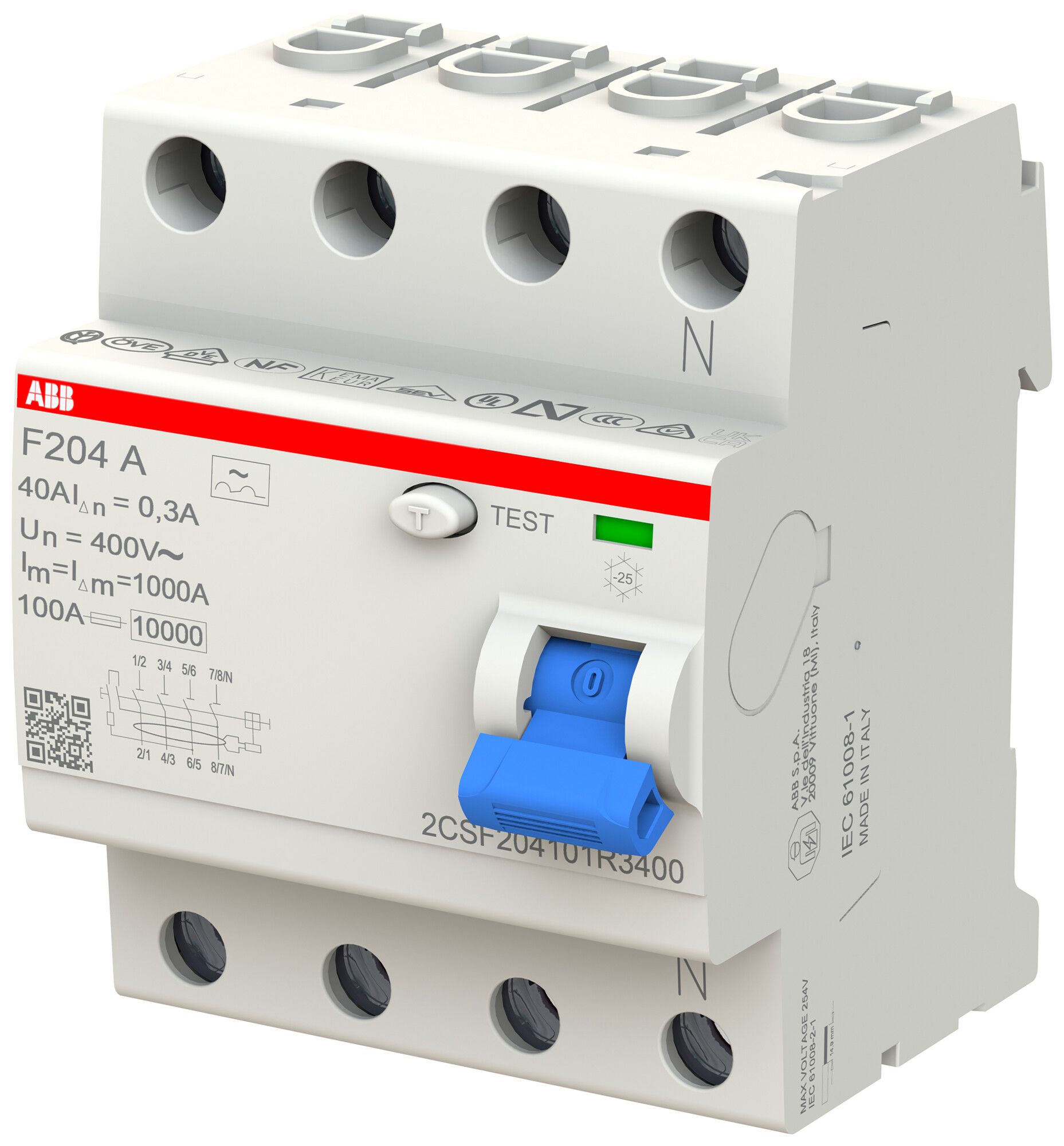 Fehlerstromschutzschalter ABB 300mA 40A 3P+N F204A-40/0.3