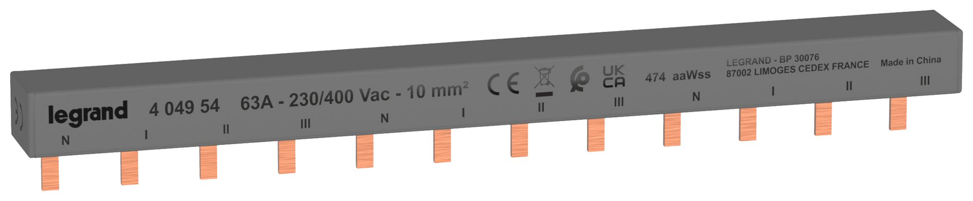 Kammschiene HX³standard 4P 3Ph Stift 10mm² 63A 213mm grau