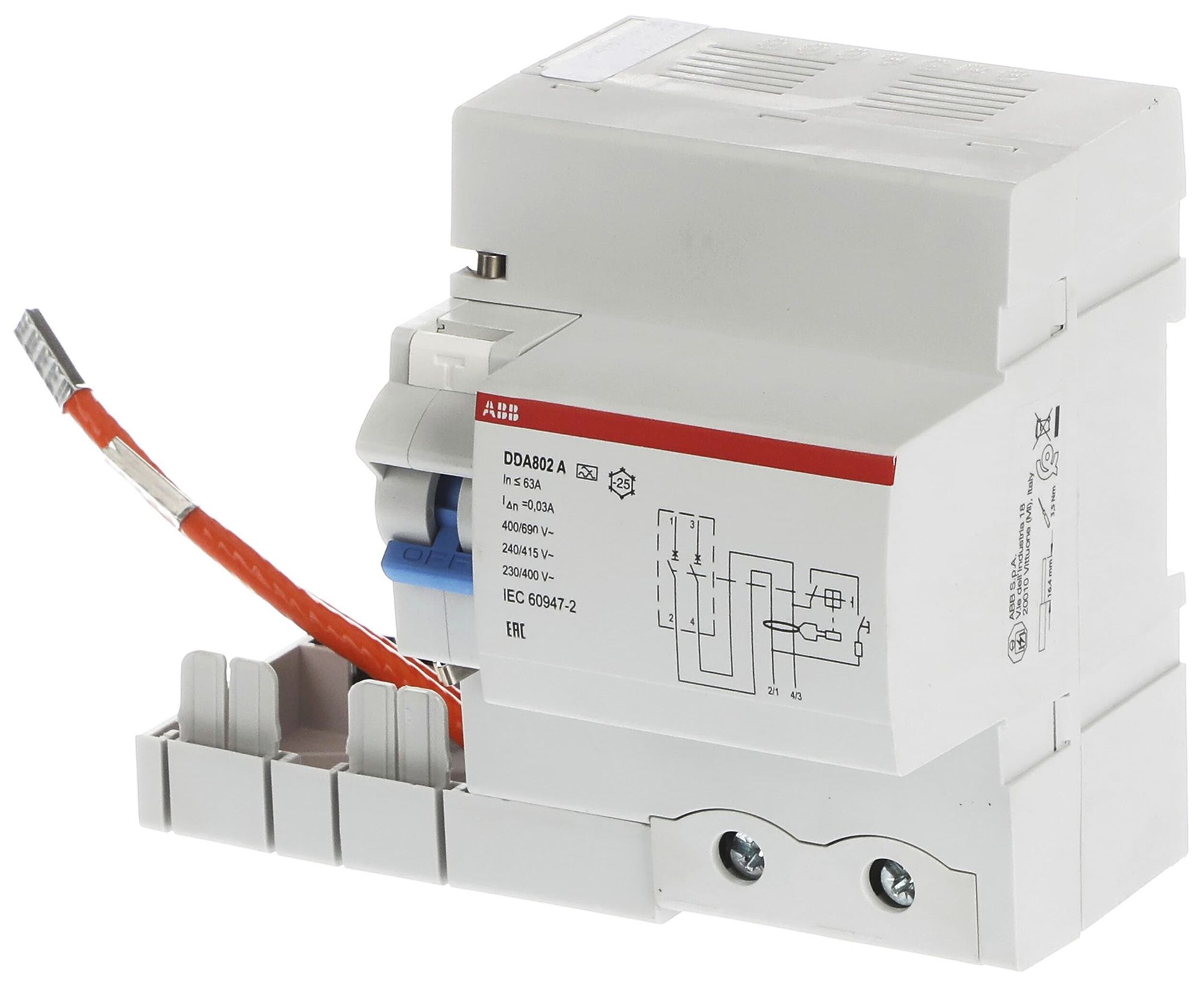 Fehlerstrom-Block ABB DDA802 A-63/0.03 2P 230V A-0.03A 63A 0.25kA 4.5TE