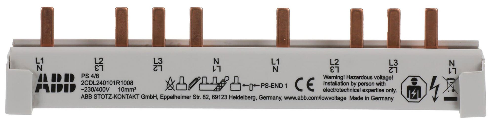 Kammschiene ABB pro M compact PS4/8 4P/3LN 10mm² 80A 138mm grau