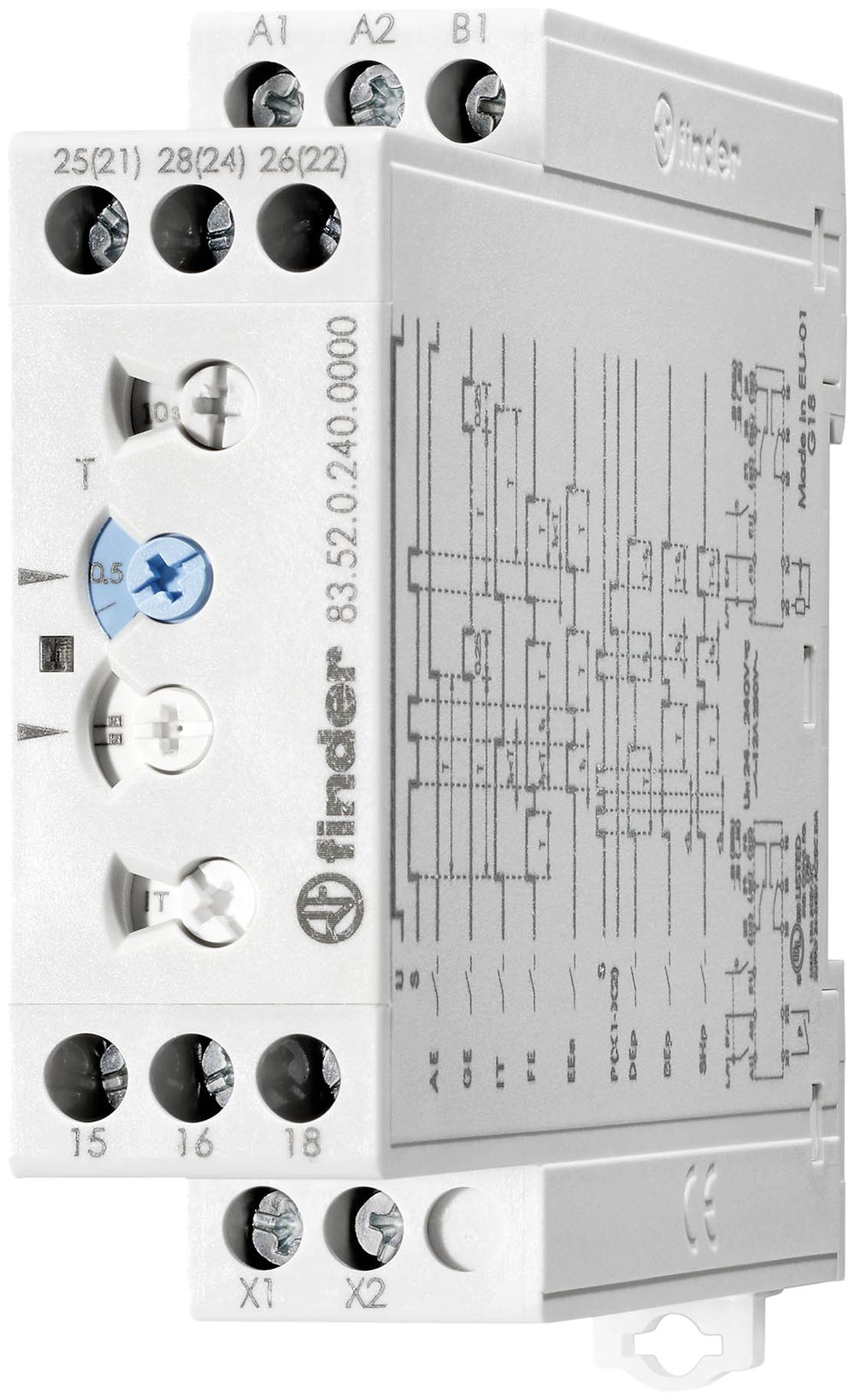 Zeitrelais Finder, 8 Zeitfunktionen, 2CO 12A 24…240VAC/DC