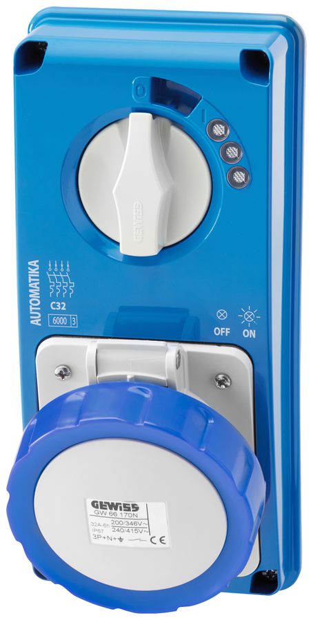 Presa CEE AP Gewiss IB 4P 32A 200…250V bl 9h bloccaggio meccanic.automatica IP67