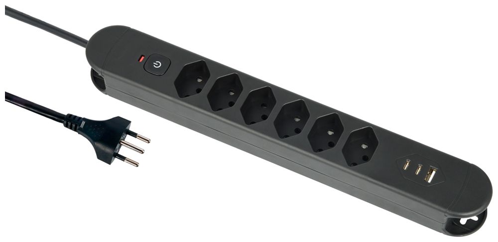 Presa multipla Re:Life 10A con interruttore ACC/CHIUS 6×T13 3×USB 1.8m nero