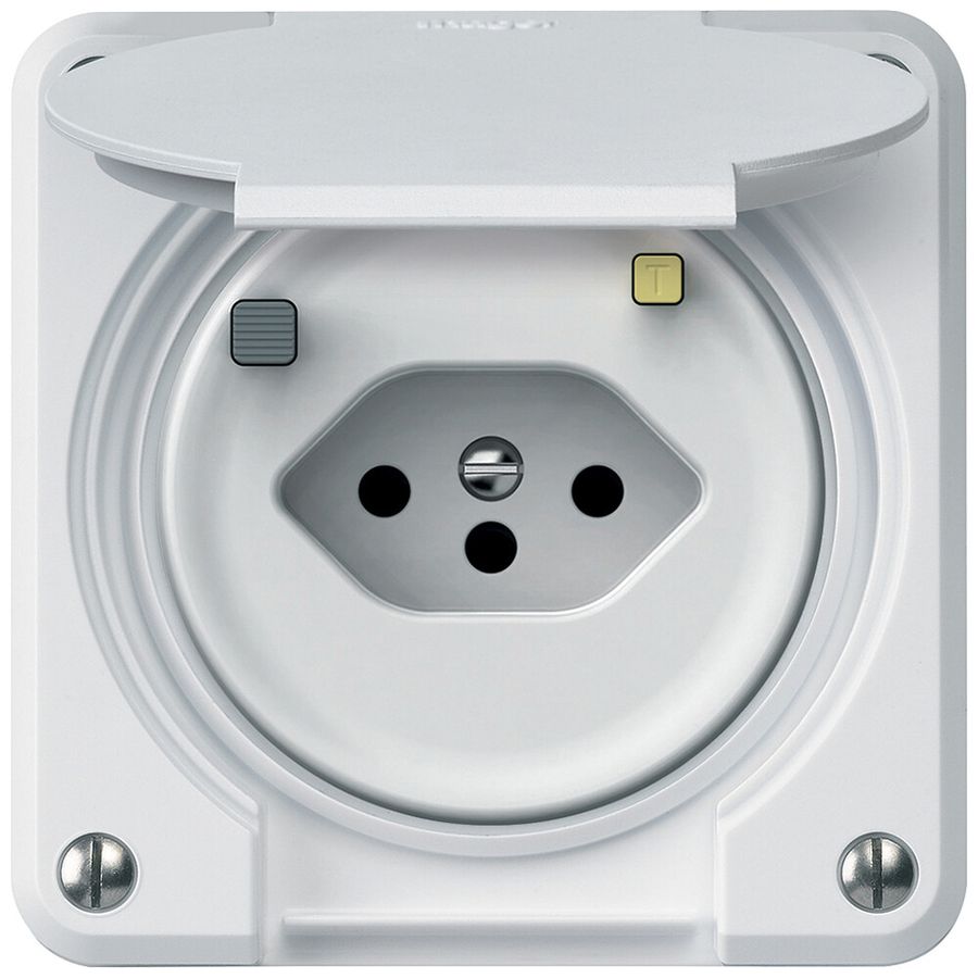 Prise FI robusto 1×T13 30mA 10A 250V 86×86mm IP21 blanc