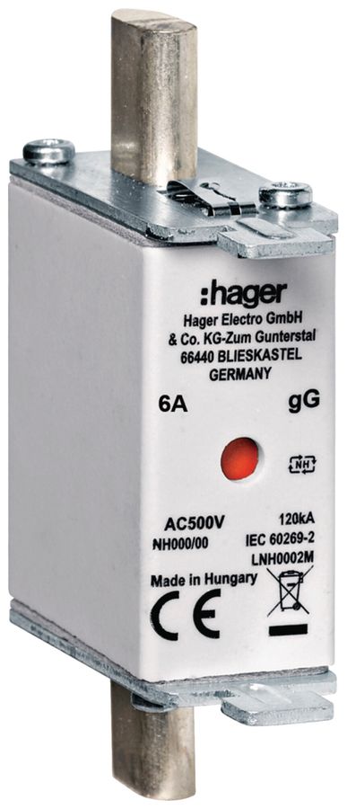 Fusible HPC Hager DIN000 500VAC 6A gG/gL avertisseur double antirouille