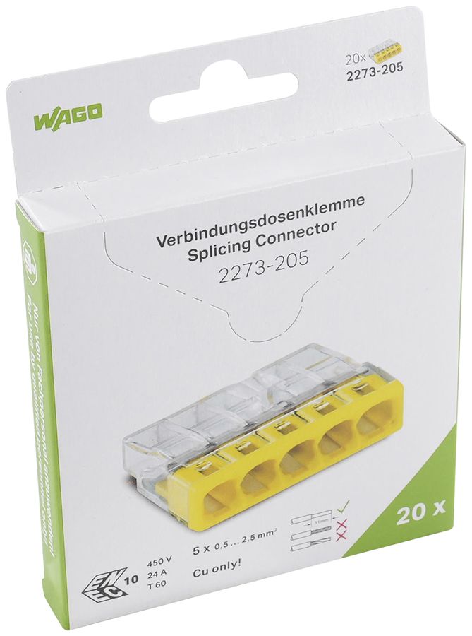 Borne de connexion WAGO 2273-205 en blister 20 pièces 5L 0.5…2.5mm² 24A 450V