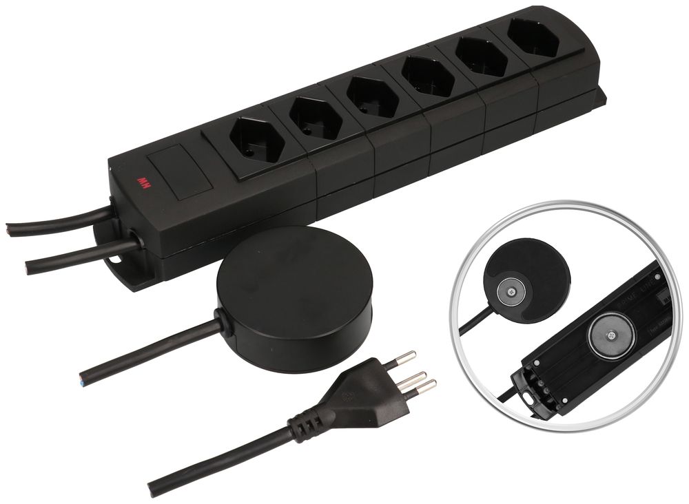 Prise multiple MH 6×T13 Prime-Line Td 3×1mm² 5m noir interrupteur ext. aimants