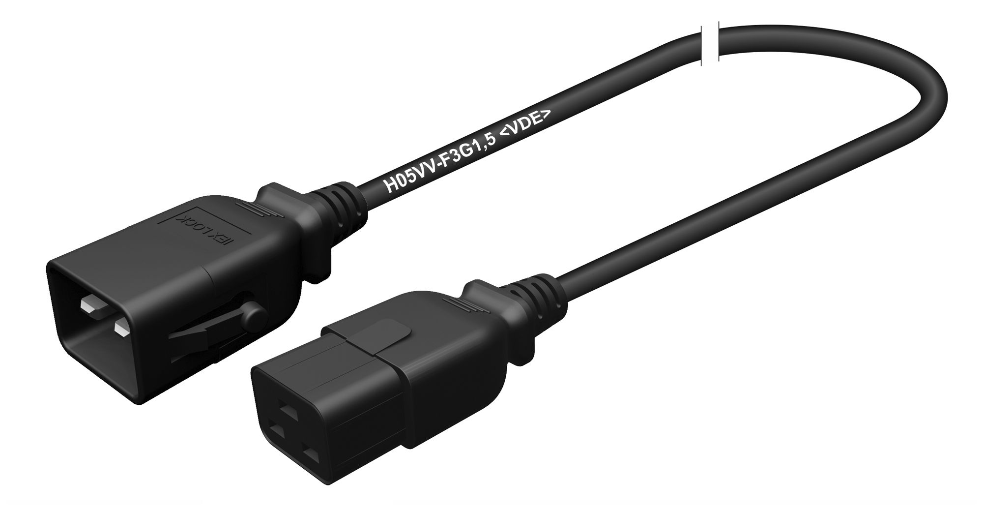 Apparatekabel 3×1.5mm² 2m schwarz Stecker C19/Buchse C20 verriegelt 250VAC 16A