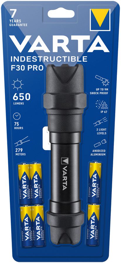 LED-Taschenlampe VARTA Indestructible F30 Pro, 650lm, mit 6×AA