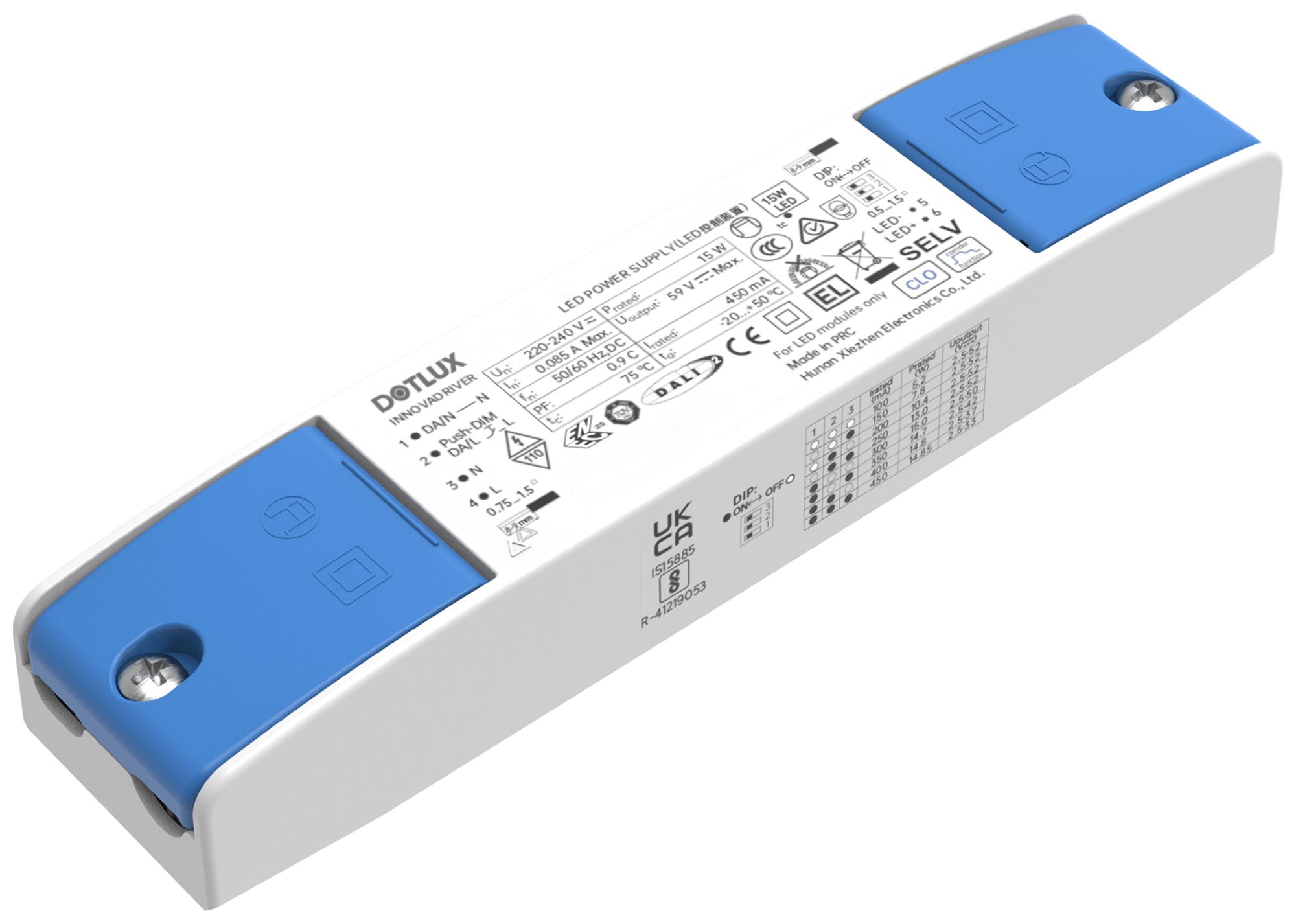 Alimentation LED DOTLUX 12…15W 2.5…52V 100…450mA DALI VAR IP20 350×43×22mm