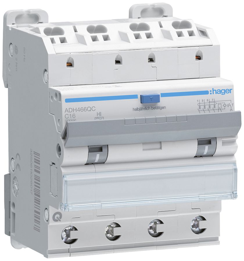 FI/LS-Schalter Hager RCBO QC 4P 400V Char.C 16A 0.03A 6kA 4TE