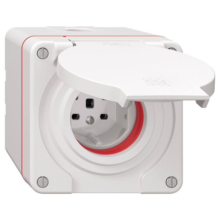NAP-Steckdose NEVO, 1×T25, IP55 gemäss SN 441011, m.roter Dichtung, weiss