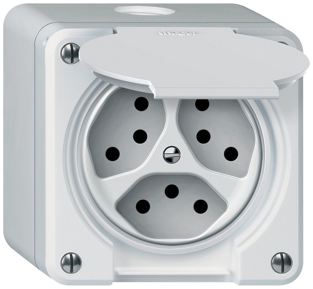 AP-Steckdose robusto 3×T13 10A 250V 86×86mm IP21 weiss