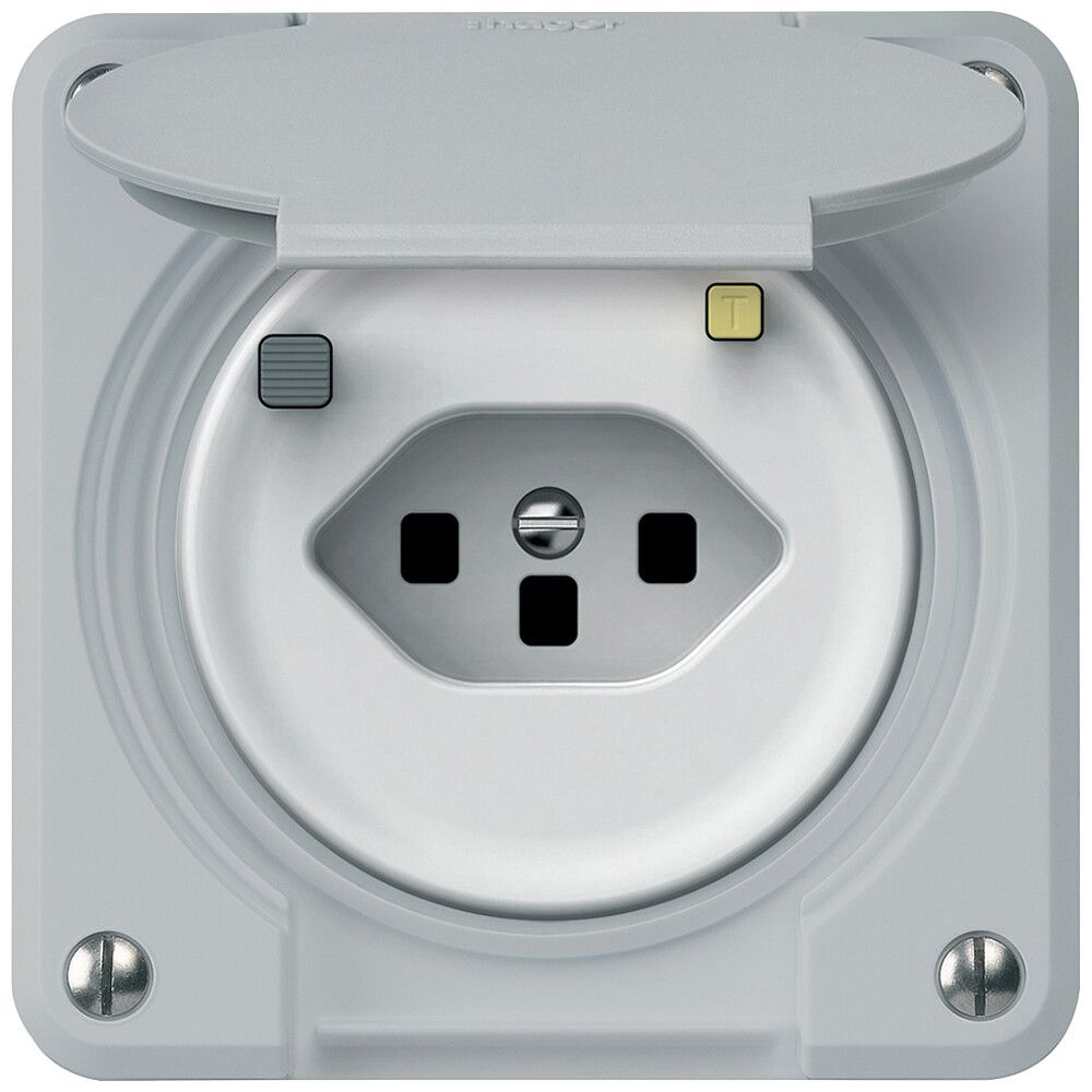 Prise FI robusto 1×T13 30mA 10A 250V 86×86mm IP21 gris