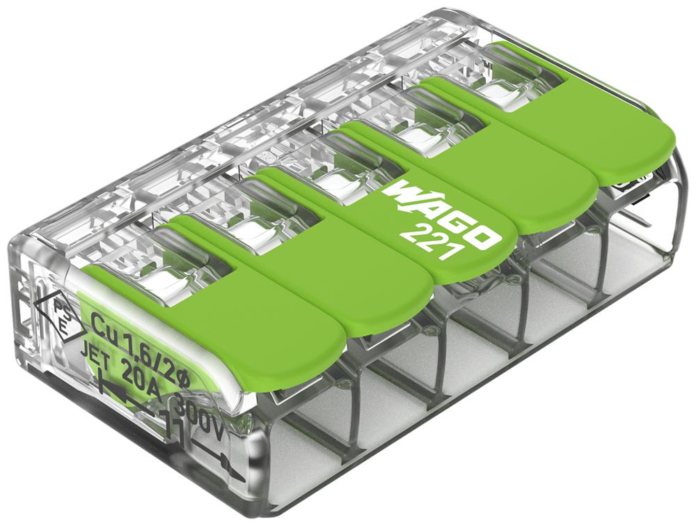 Dosenklemme WAGO 221-425 mit Hebel in Box 25×5L 0.2…4mm² 32A 450V grün