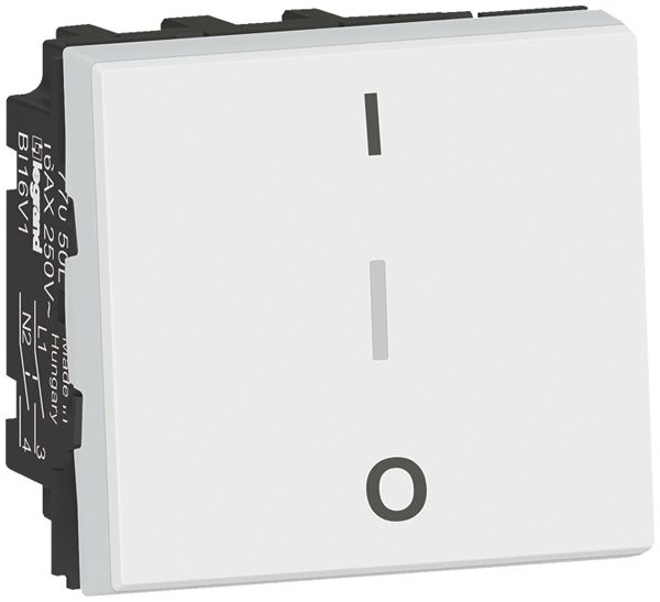 Interruttore a bilanciere MOS schema 3 2L O-I con morsetto per N 2 moduli bianco