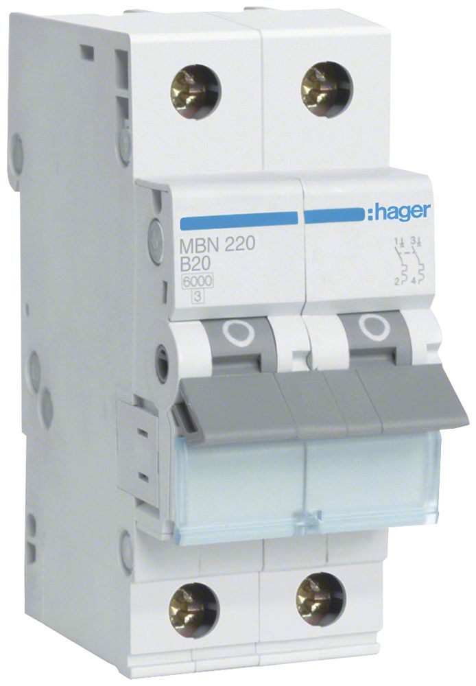 Leitungsschutzschalter Hager MCB 2P 415V Typ B 20A Icn 6kA 2TE