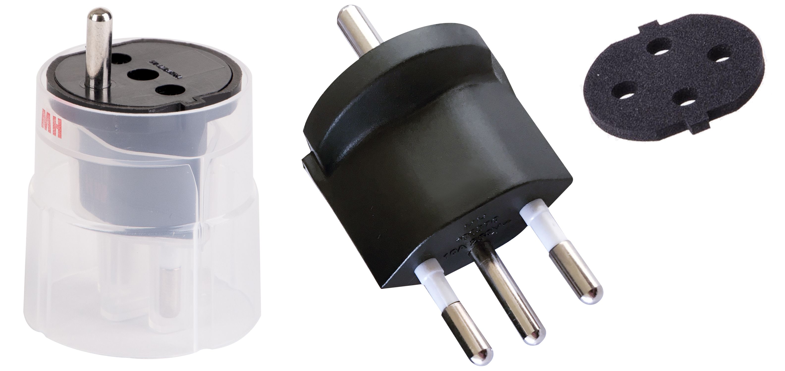 Fixadapter MH 3L 10A 230VAC Schuko/T12 CEE7/7-CH T12, schwarz mit Moosgummi