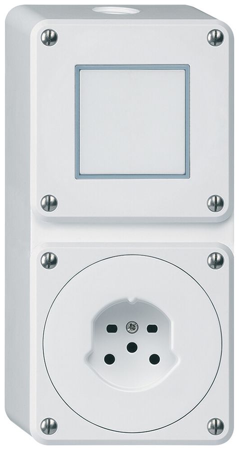 AP-Kombination Hager robusto I-I vertikal 3/1L+Typ 15, ohne Abdeckung, weiss