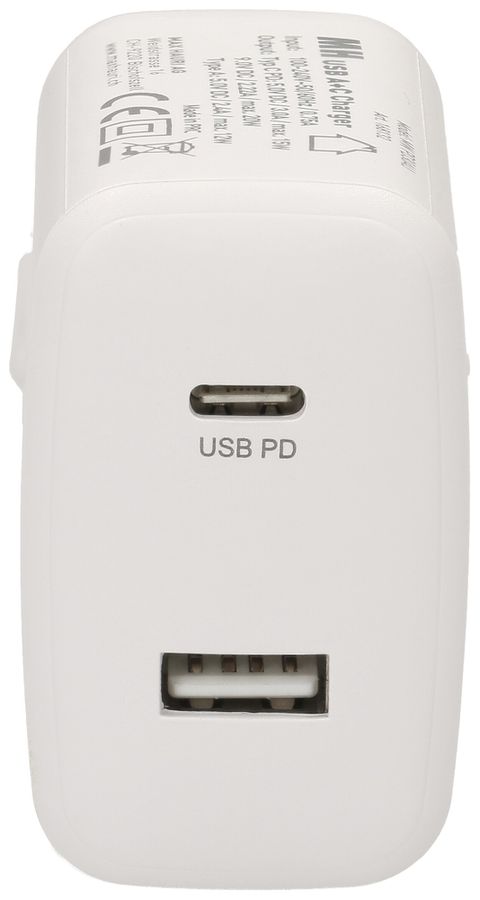 USB-Ladegerät MAX HAURI 1×A+1×C PD 30W 5/9VDC 2.4/2A T26 240VAC weiss