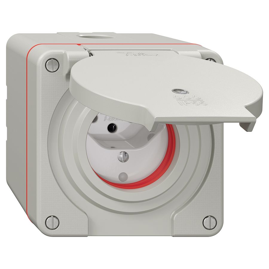 NAP-Steckdose NEVO, 1×T13, IP55 gemäss SN 441011, m.roter Dichtung, m.LED, hgu