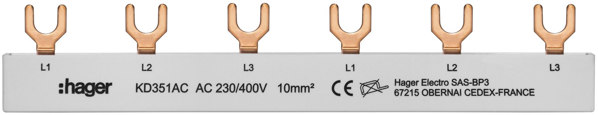Kammschiene Hager 3P 3L Gabel 10mm² 63A 157.5×9mm grau