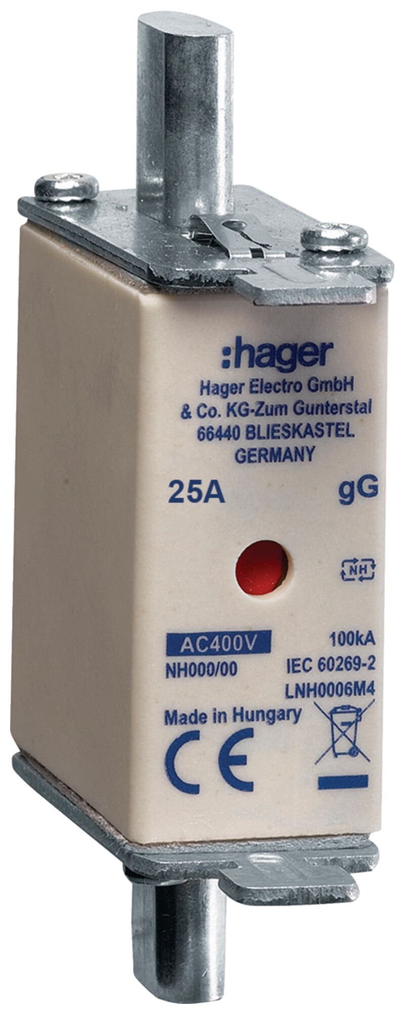 Fusible HPC Hager DIN000 400VAC 25A gG/gL avertisseur double antirouille