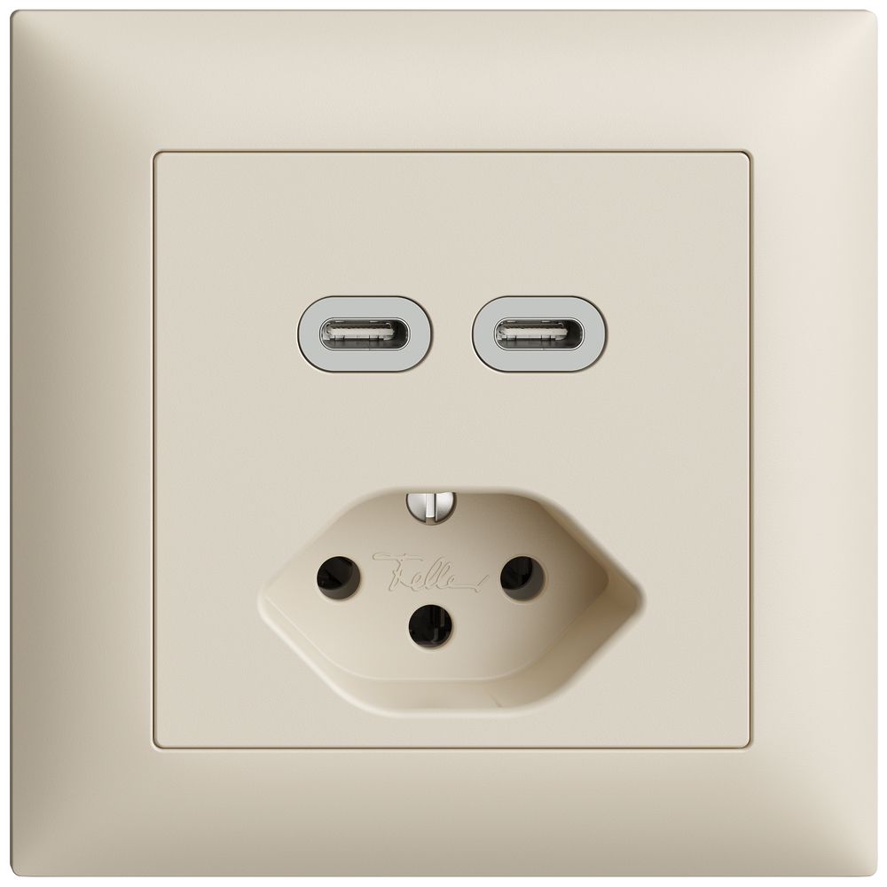 Prise ENC USB 2×type C + type 13 Feller EDIZIOdue FMI 230V 3000mA crema