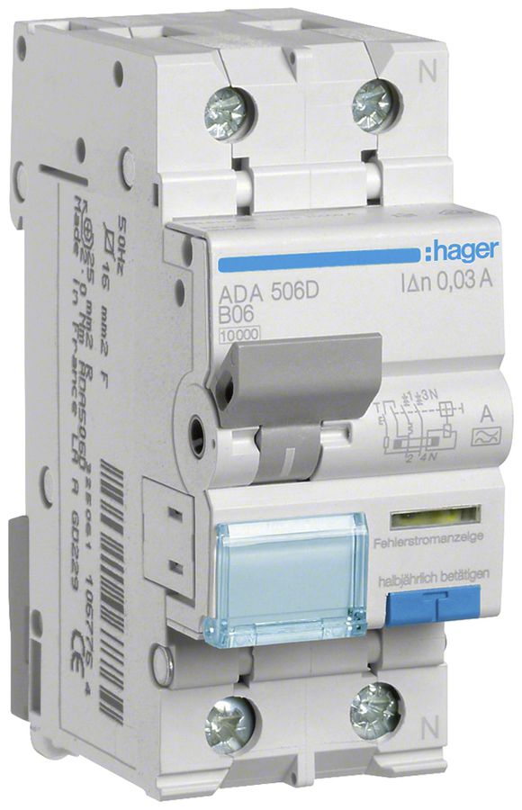 Disgiuntore differenziale Hager RCBO 2P 240V car.B 6A 0.03A tipo A 10kA 2UM