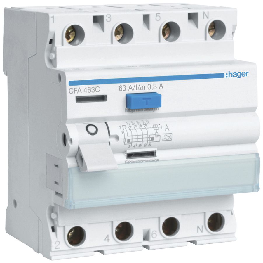 Fehlerstrom-Schutzschalter Hager RCCB (RCD) 4P 400V 0.3A Typ A 63A 4TE