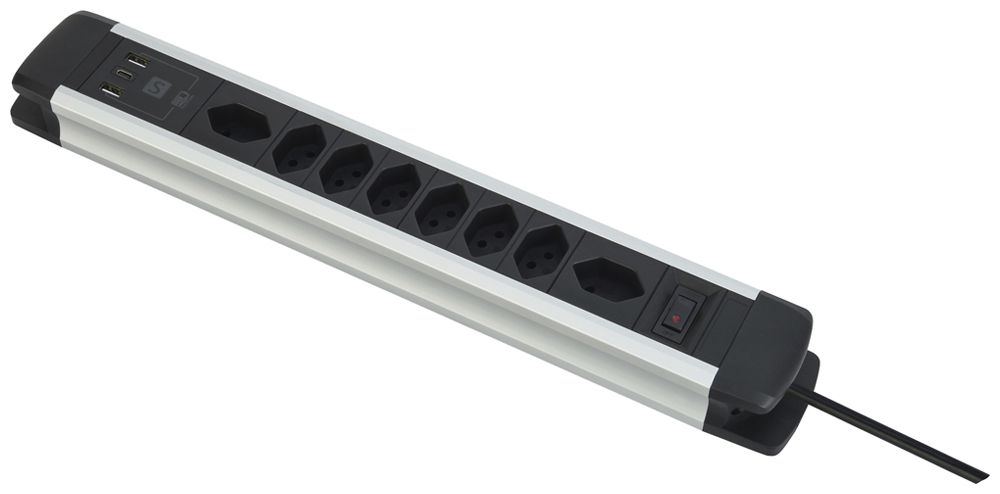 Prise multiple ALU 8×T13 2×USB-A/1×USB-C 2m 3×1mm² interrupteur noir/aluminium