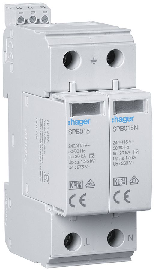 Überspannungsableiter Hager SPD 2P 20kA mit FM TN-S TT Imax 40kA Up 1.5kV 2TE