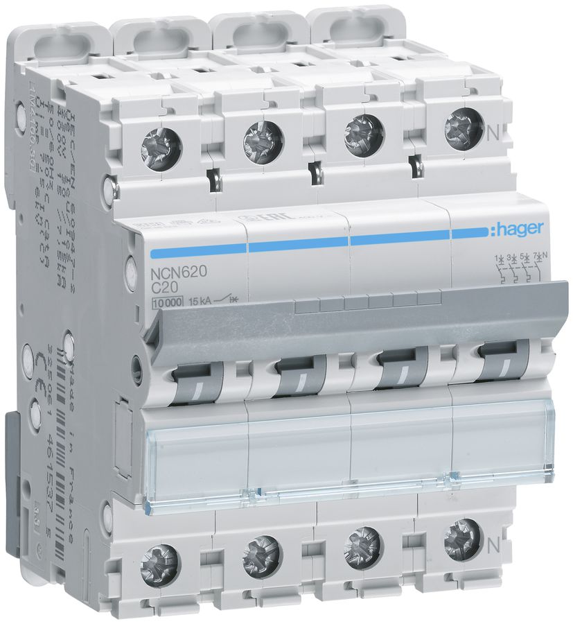 Leitungsschutzschalter Hager MCB 3P+N 415V Typ C 20A Icn 10kA Icu 15 kA 4TE