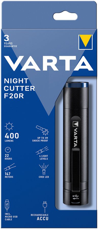 Lampe de poche LED VARTA Night Cutter F20R 400lm, avec accu via USB, 22h, IPX4