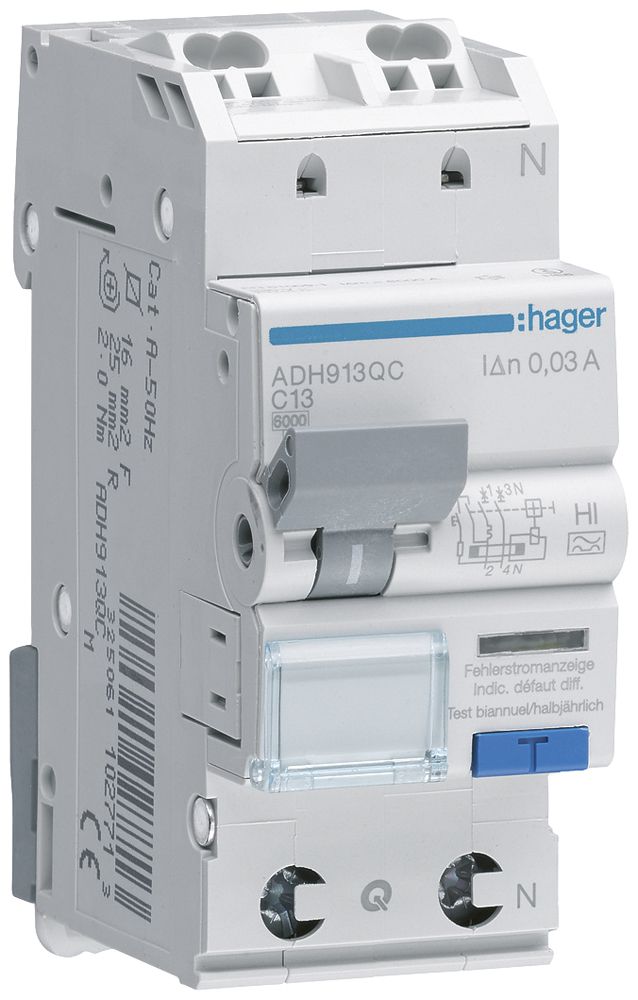 FI/LS-Schalter Hager RCBO QC 2P 230V Char.C 13A 0.03A 6kA 2TE