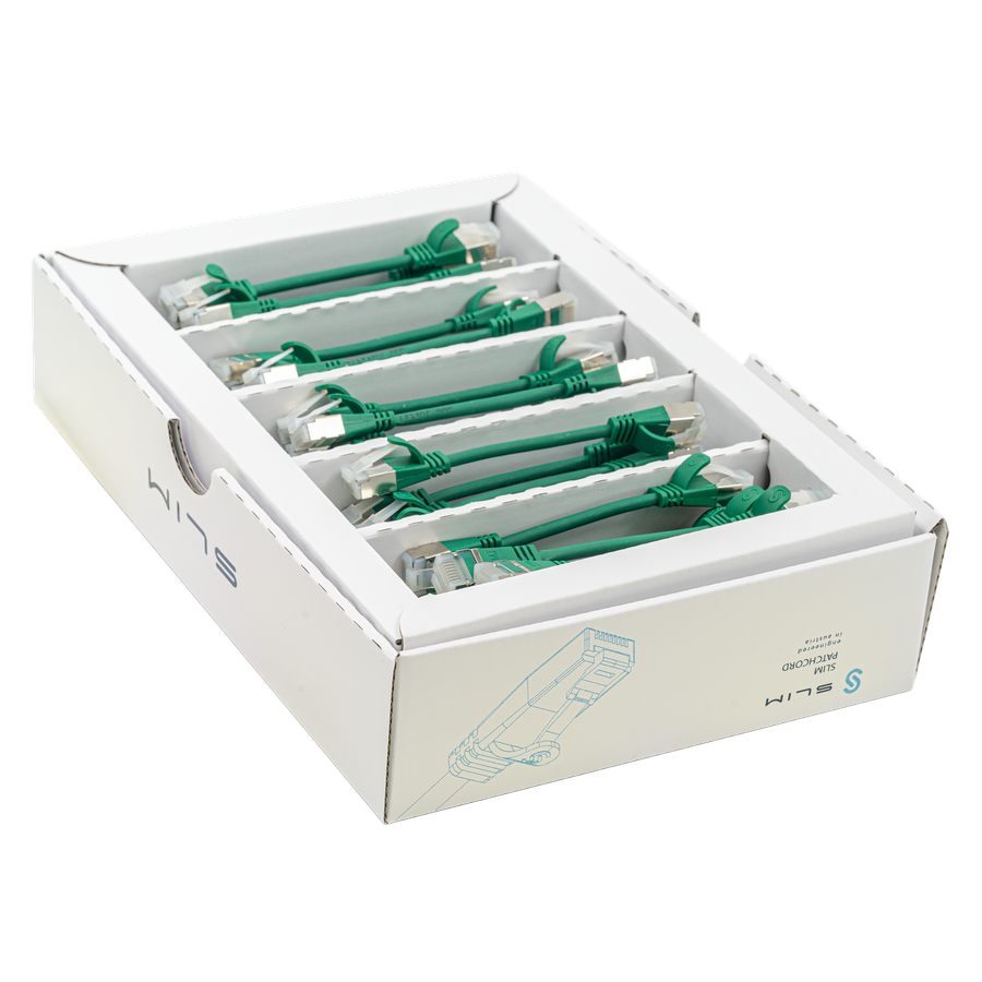 SLIM Patchkabel: 10cm, grün, 50-Pack Cat.6A, U/FTP, LSOH, Klinke unbrechbar