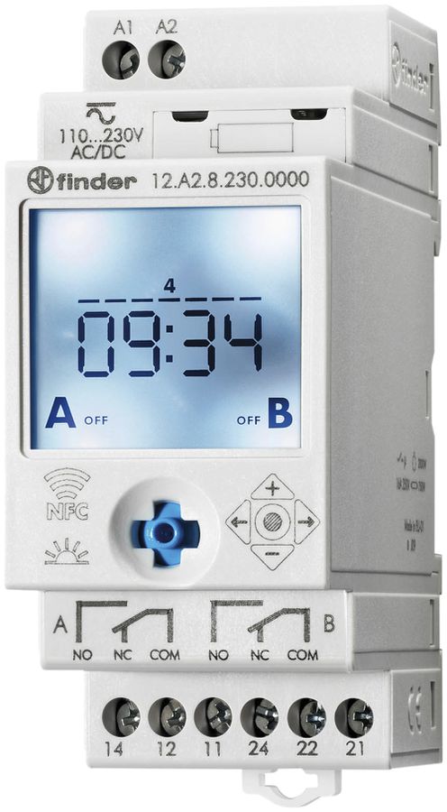REG-Astro/Wochenschaltuhr Finder 12.A2, 2W 16A 12…24VUC NFC 2TE