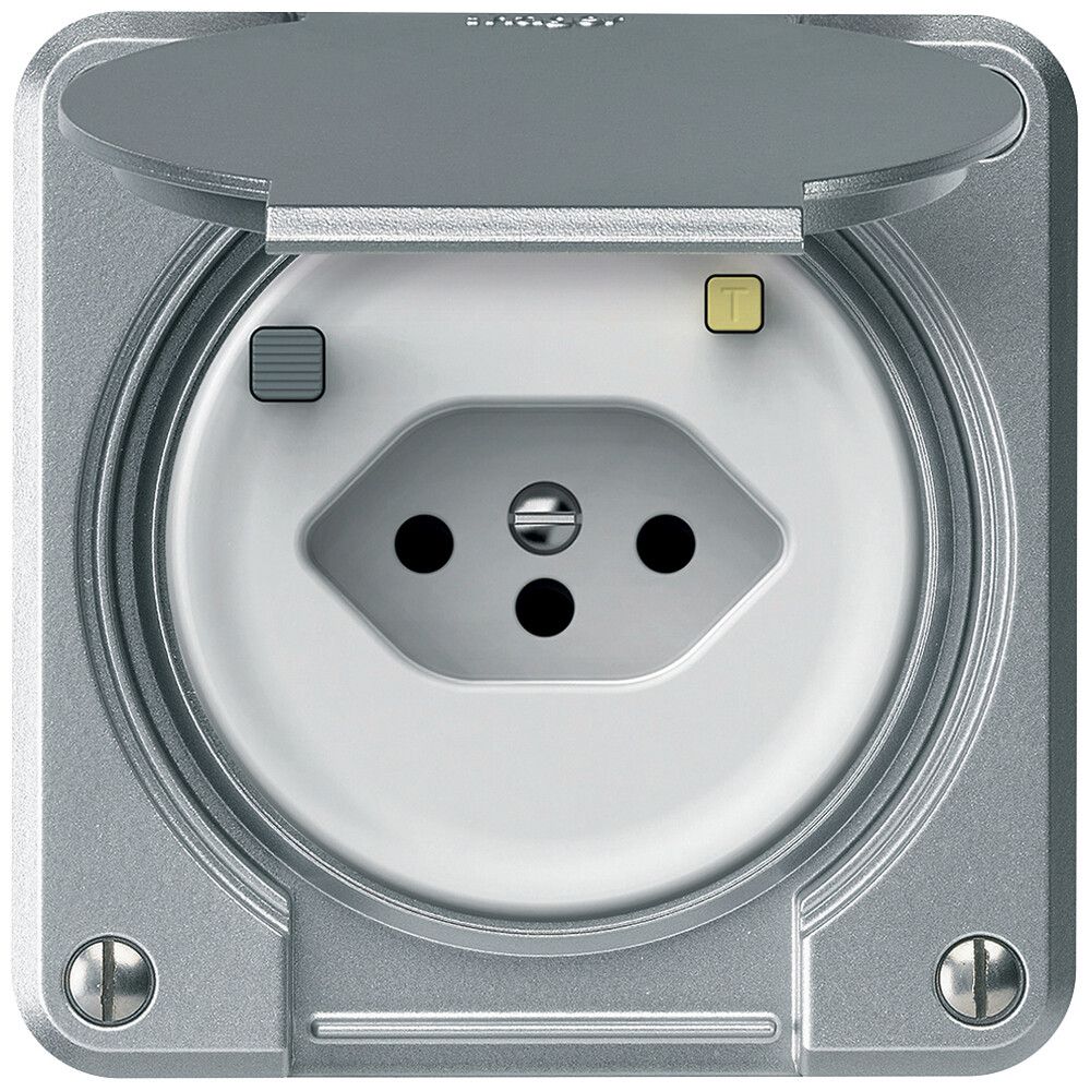 Presa FI robusto 1×T13 30mA 10A 250V 86×86mm IP21 alluminio
