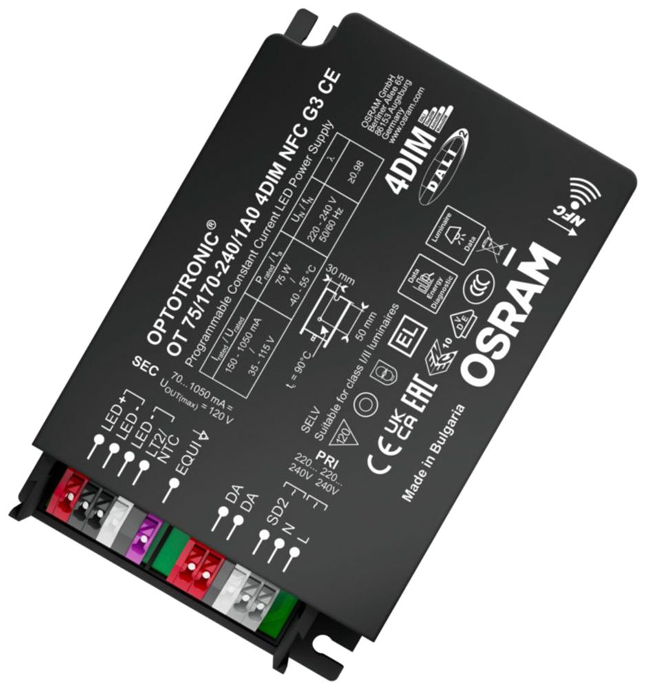 Alimentation LED Osram OT 75W 35…115V 150…1050mA DALI 123×79×33mm
