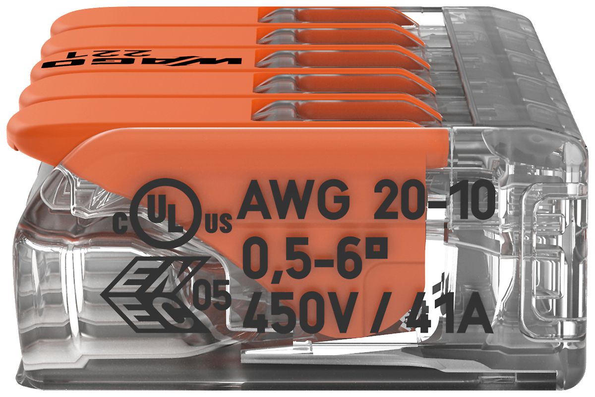 Verbindungsklemme WAGO 221 5×0.5…6mm² Hebel 32A 450V orange transparent