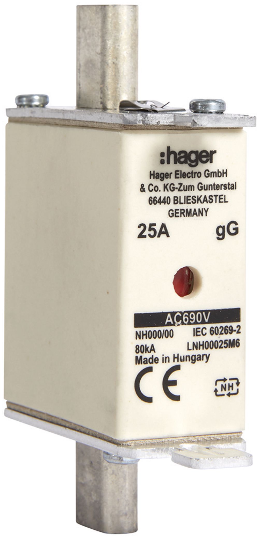 Fusible HPC Hager DIN000 690VAC 25A gG/gL avertisseur double inoxydable
