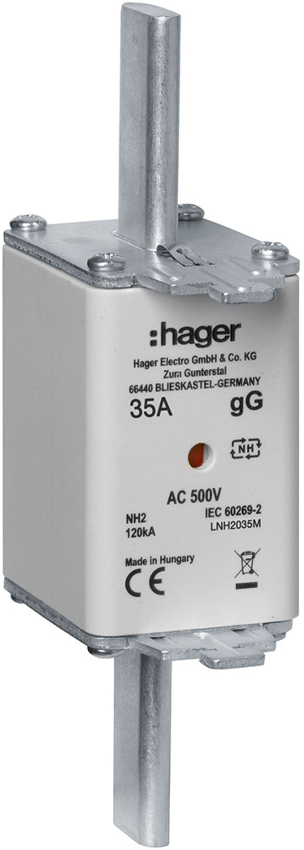 Fusible HPC Hager DIN2c 500VAC 35A gG/gL avertisseur double antirouille