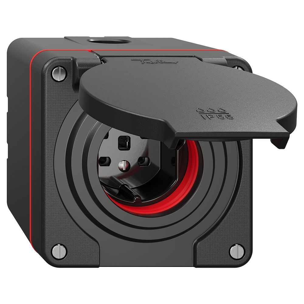 NAP-Steckdose NEVO, 1×T25, IP55 gemäss SN 441011, m.roter Dichtung, schwarz