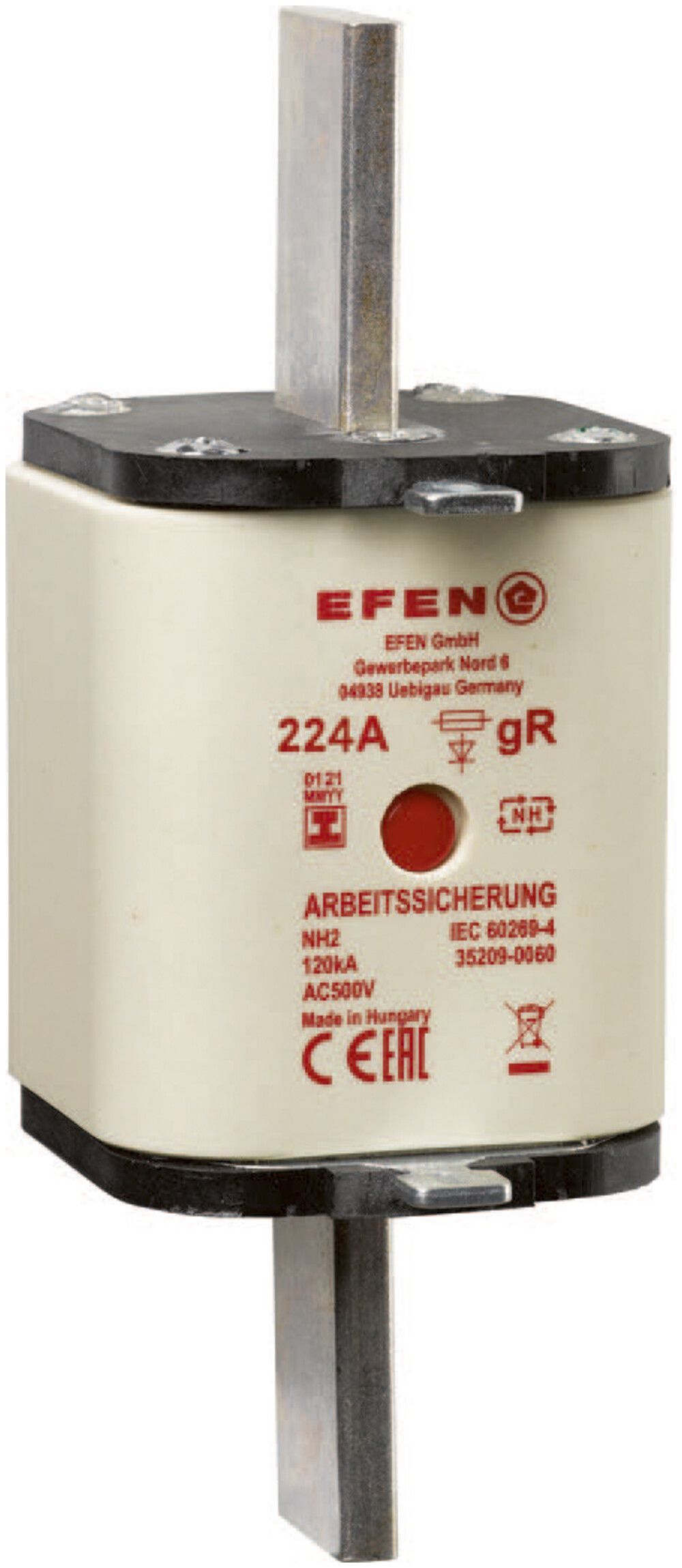 NH-Sicherung Hager DIN2 500VAC 224A gR Mittenkennmelder rostfrei