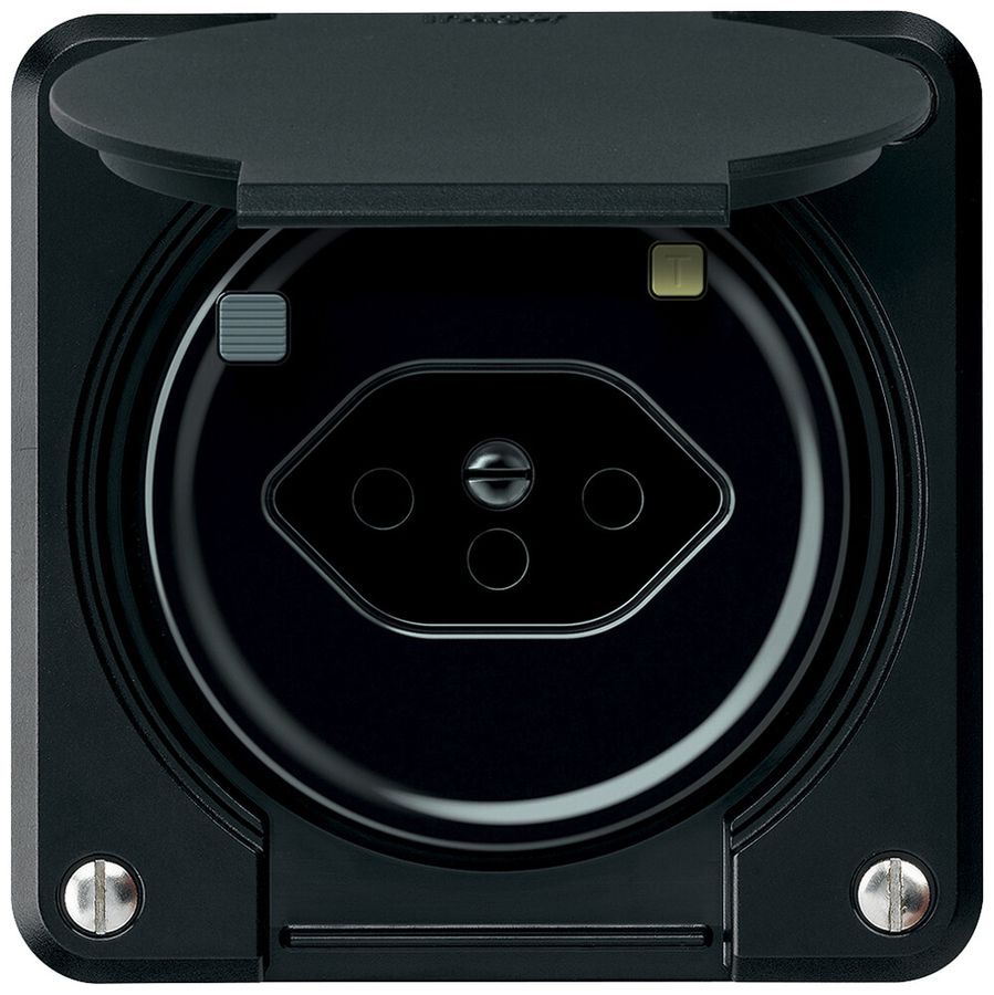 Prise FI robusto 1×T13 30mA 10A 250V 86×86mm IP21 noir